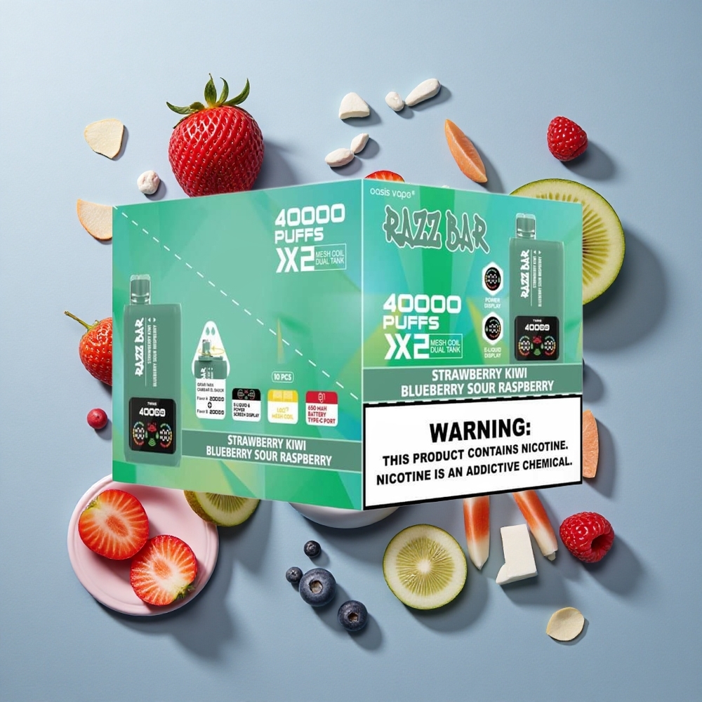 Razz Bar 40000 Puffs Jednokratna Vape Jagoda-Kivi_Plava Borovnica Kisela Malina s Ekranom za Prikaz Snage i 1.0Ohm 2 Mesh Coil