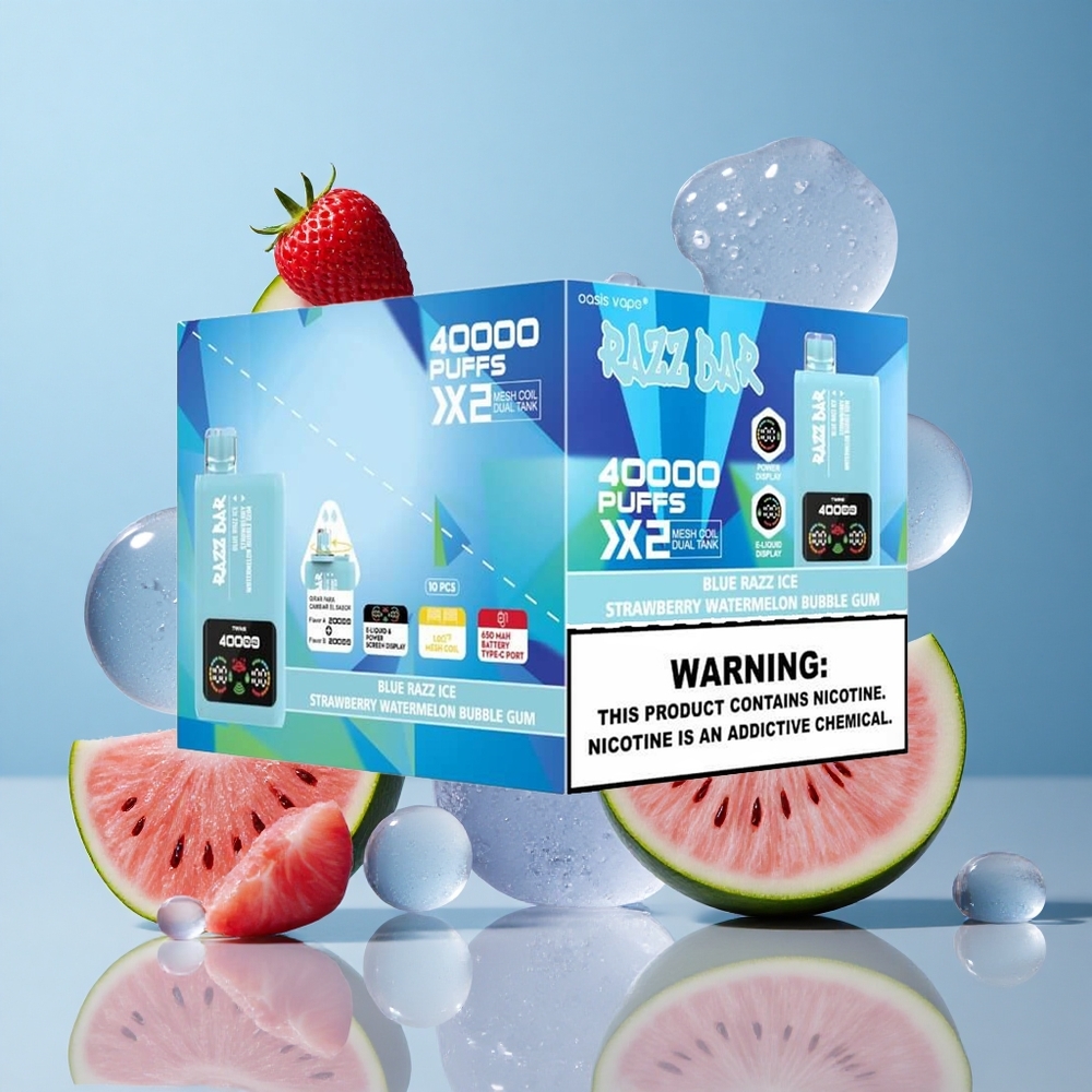 Razz Bar 40000 Puffs Jednokratna Vape Plava Malina Led-Jagoda Lubenica Žvakaća Guma s Prikazom Na Ekranu i 1.0 Ohm 2 Mesh Coil