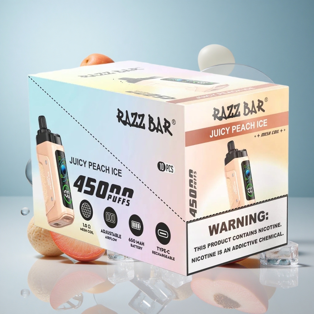 Razz Bar 45000 Puffs Jednokratna Vape Sočni Breskva Led s 1.0 Ohm Mesh Zavojnicom i Podesivim Protokom Zraka