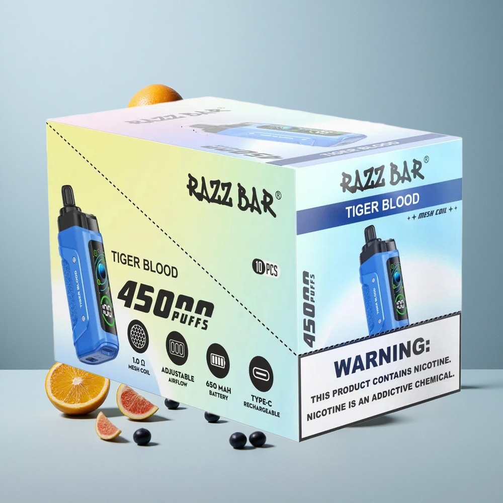 Razz Bar 45000 Puffs Jednokratna Vape Tigrova Krv s 1.0 Ohm Mesh Zavojnicom i Podesivim Protokom Zraka